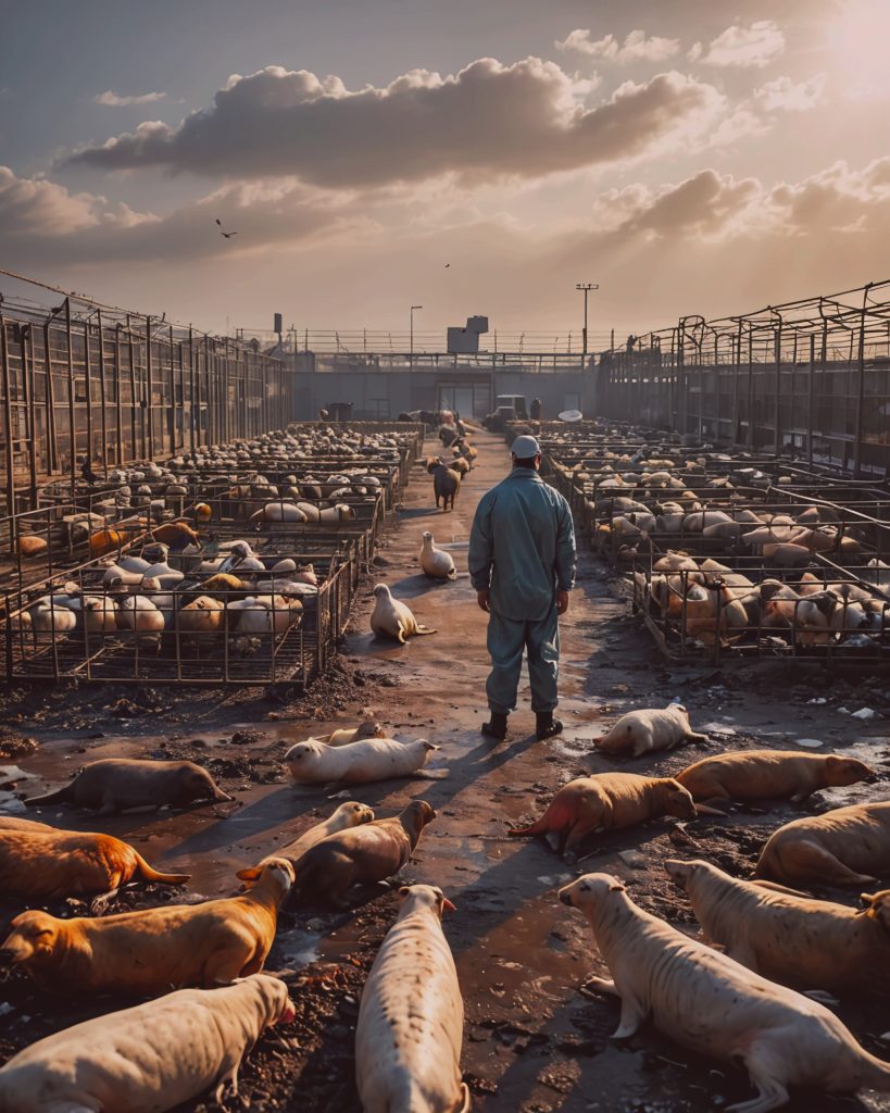Empty poultry farm with rows of cages, symbolizing mass culling due to bird flu. Silhouettes of sea lions, cats, and cows in the background represent the virus’s spread to other species. A healthcare worker in protective gear stands in the foreground, highlighting the human infection risk and urgency of the crisis.