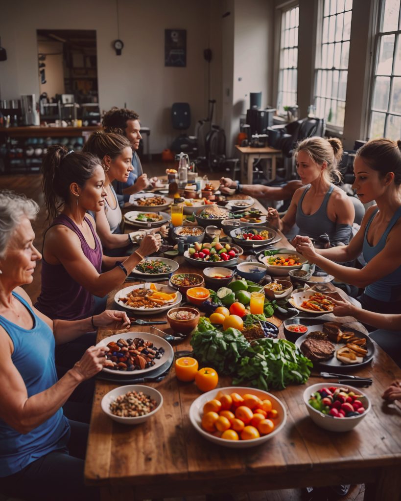 Diverse individuals engaging in healthy activities such as strength training, eating a balanced diet, and practicing mindfulness to reduce arm and belly fat.
