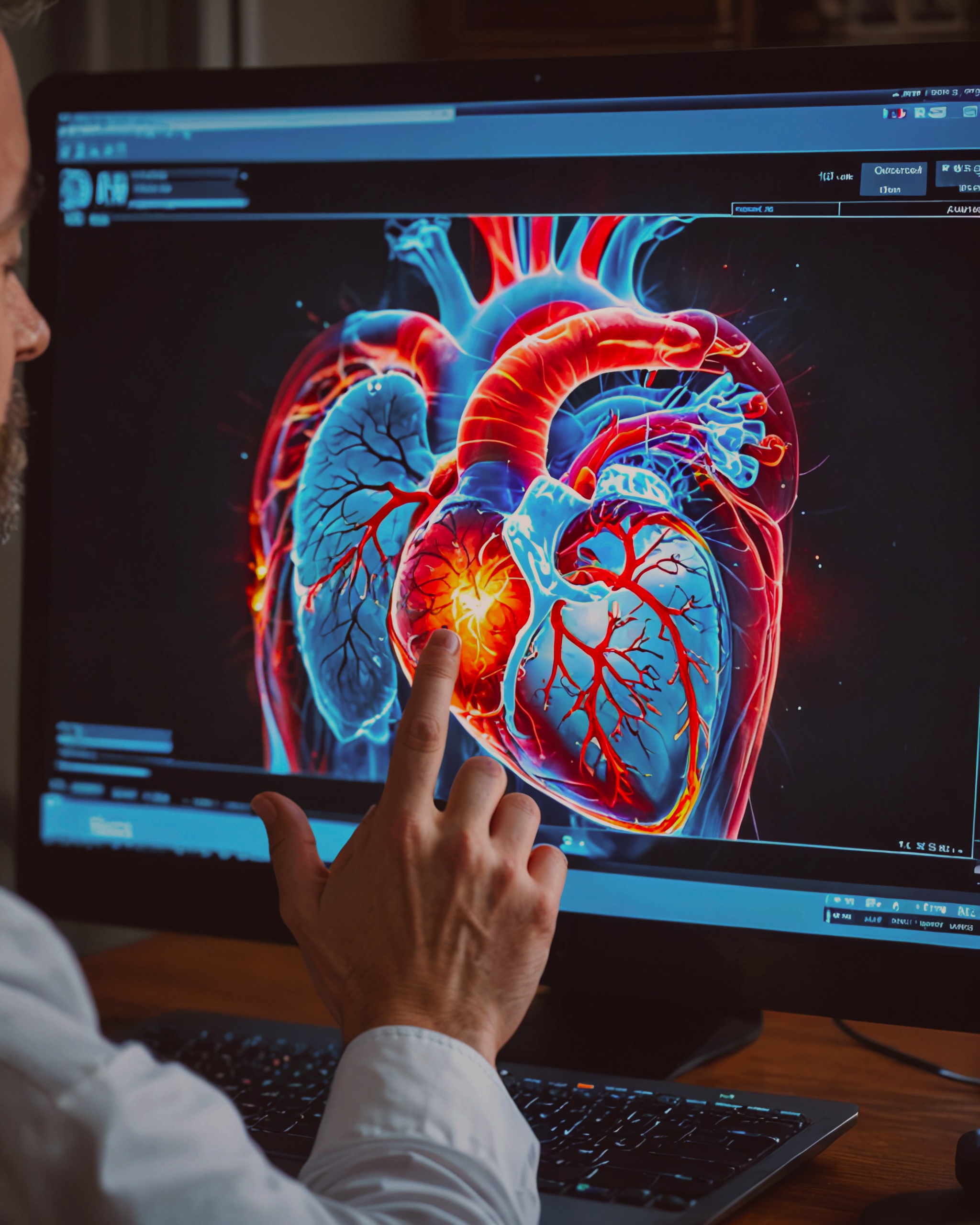 Doctor examining a heart scan on a computer screen with highlighted areas indicating potential heart issues.