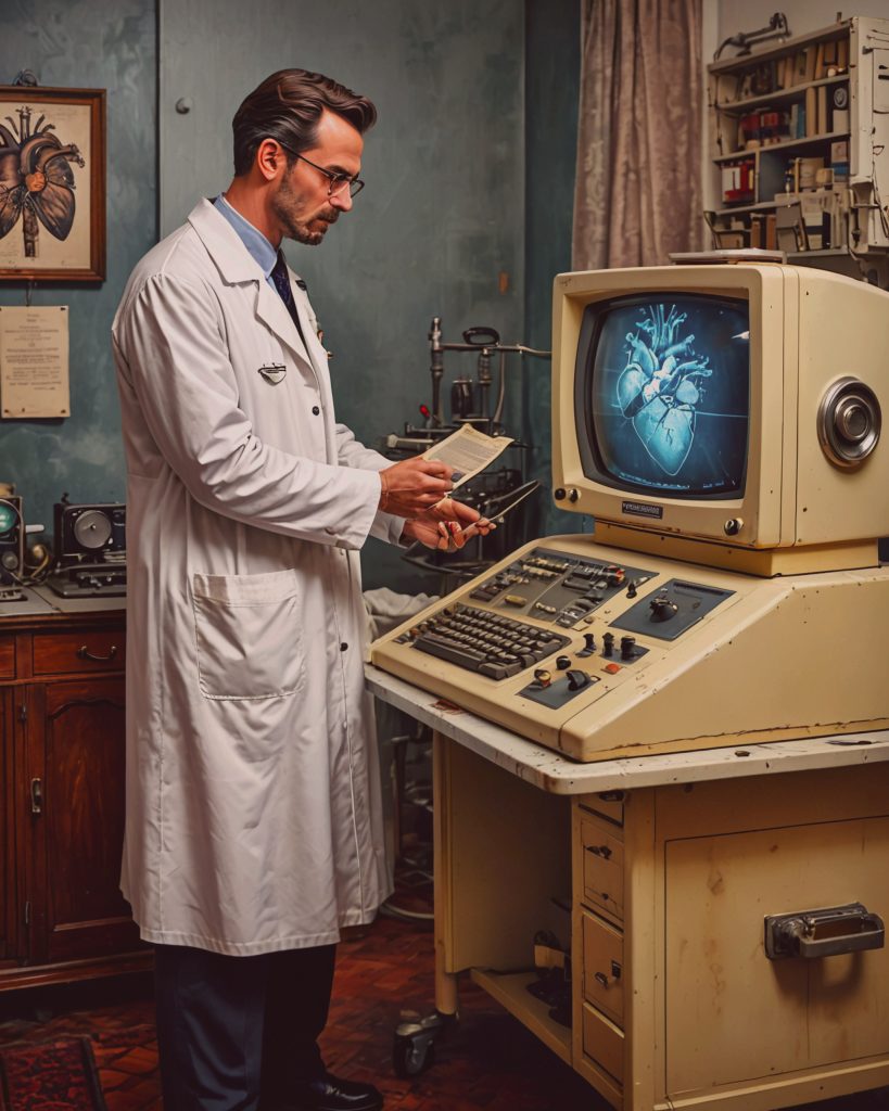 Doctor looking at a computer screen showing a heart scan.
