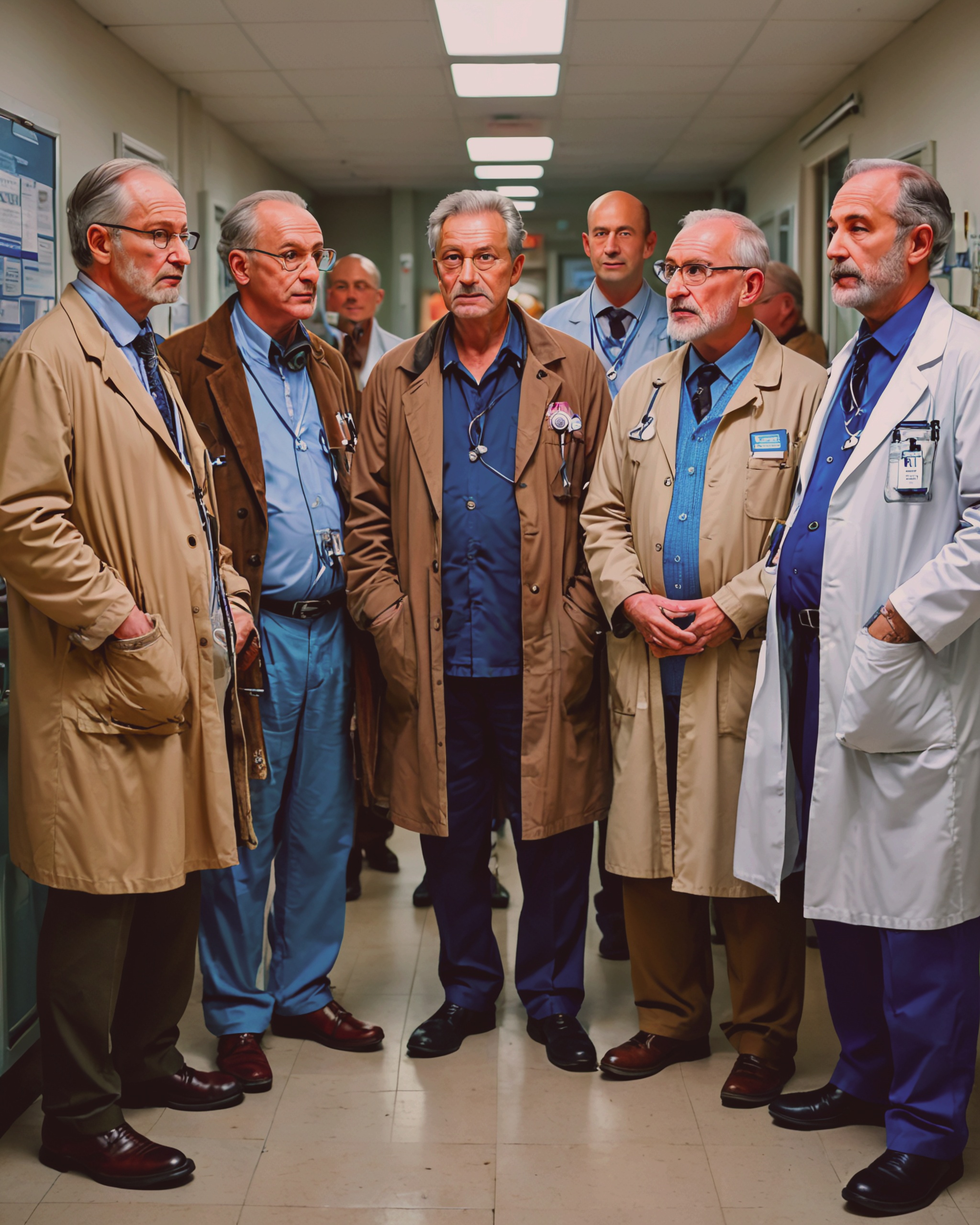 Older men from various global regions, looking somber in a healthcare setting, reflecting the projected increase in cancer deaths among men by 2050. The background includes subtle medical elements such as a stethoscope and examination room, emphasizing the urgent need for improved healthcare.